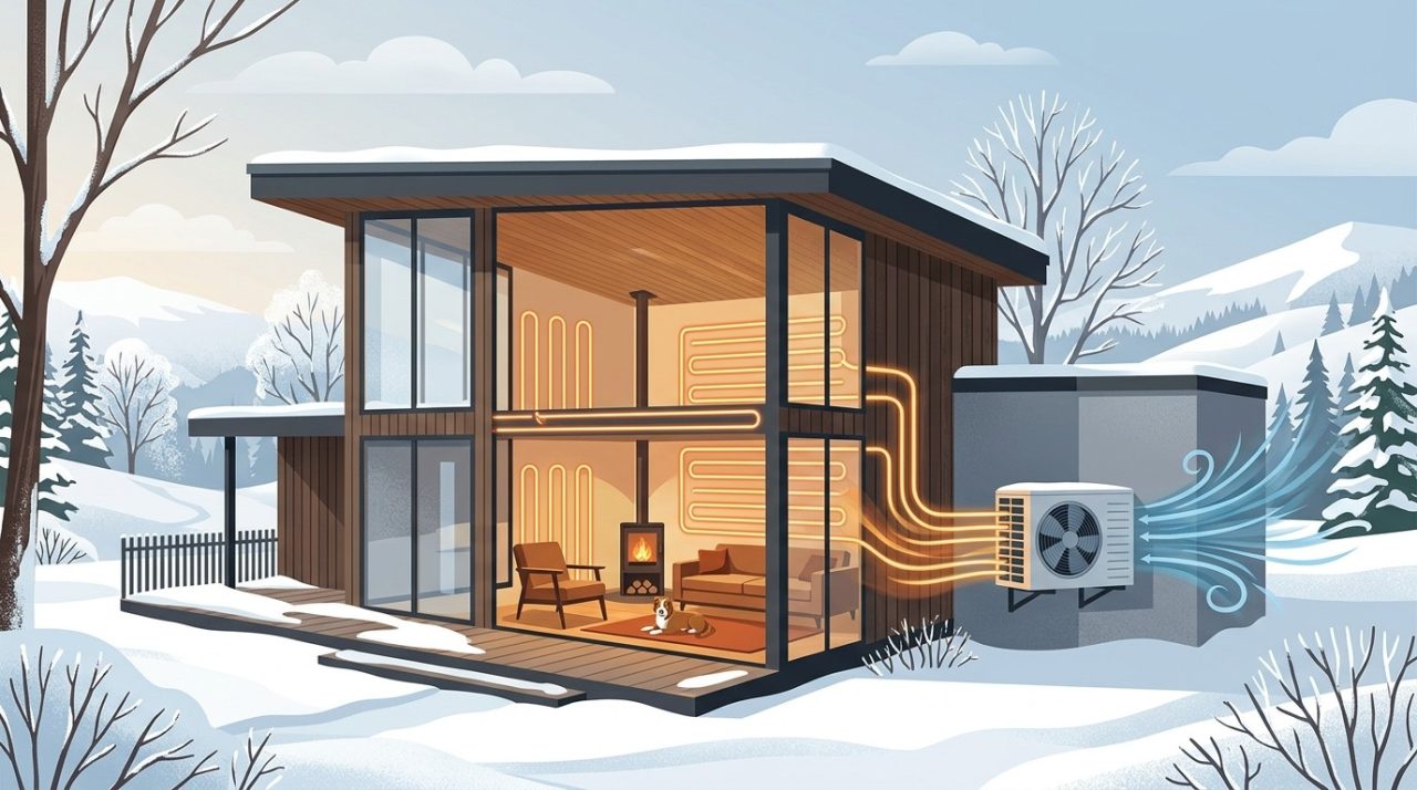 Conceptual illustration of a heat pump working outside a home in winter.