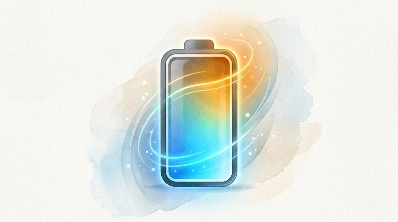Editorial illustration of a glowing abstract battery icon shifting color as it fills.