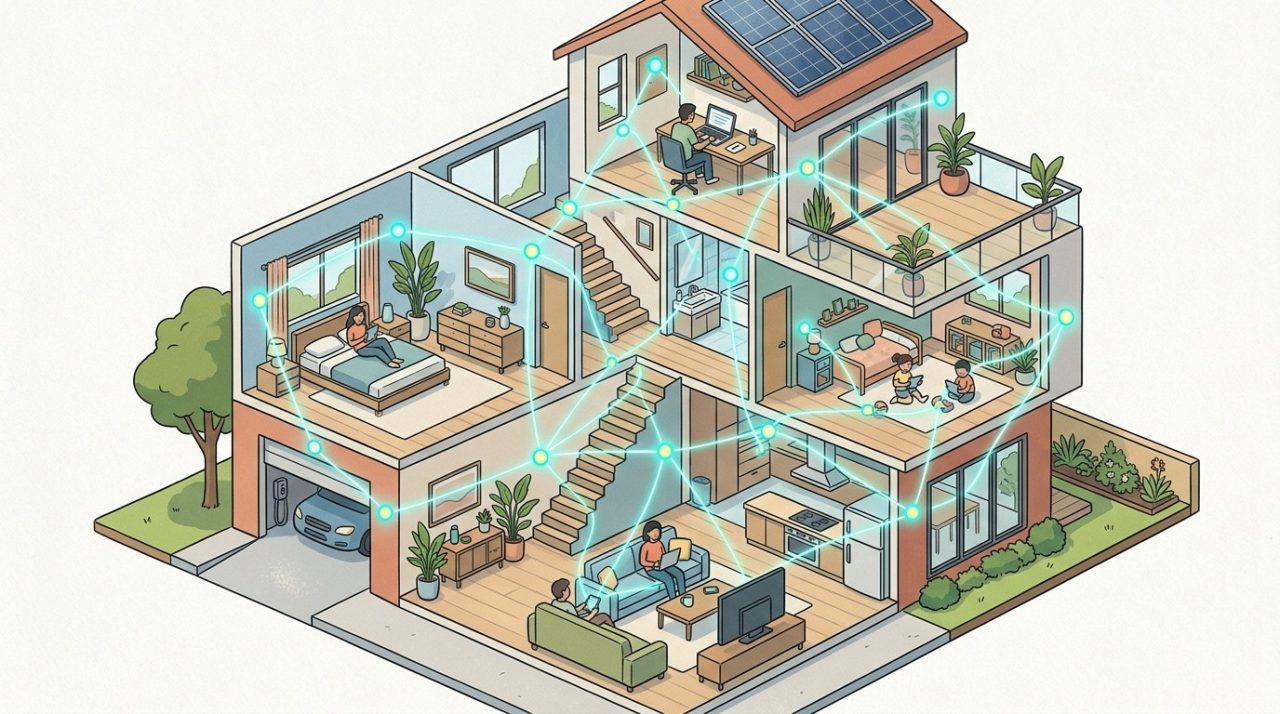 Illustration of a home cutaway with glowing nodes showing connected wireless coverage.