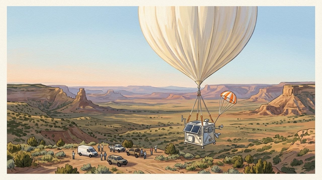 Illustration of a scientific balloon rising over a desert landscape.
