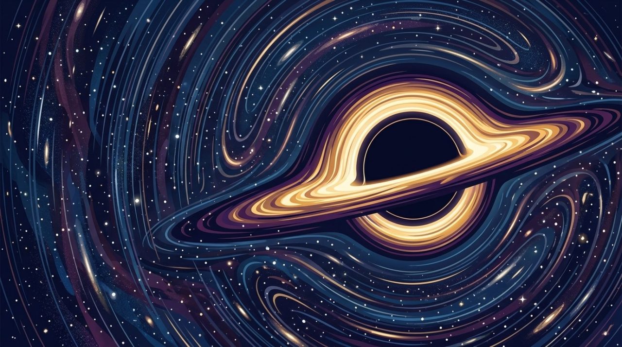 Illustration of a black hole with gravitational lensing distorting background stars.