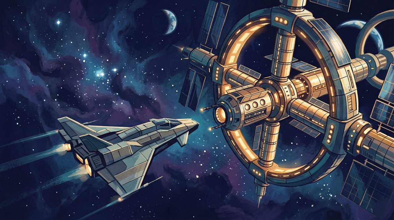 Editorial illustration of a spacecraft model approaching an orbital habitat in space.