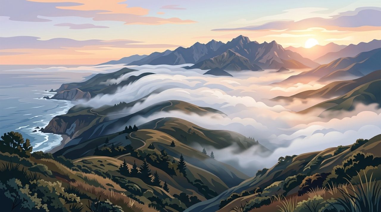 Illustration of marine clouds rolling inland over hills toward mountains.
