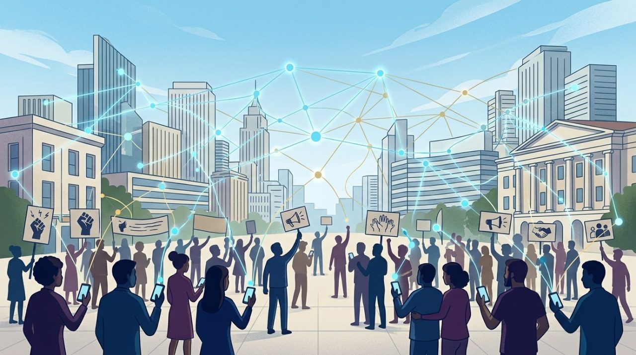 Illustration of digital network nodes connecting with people gathered in a city square.