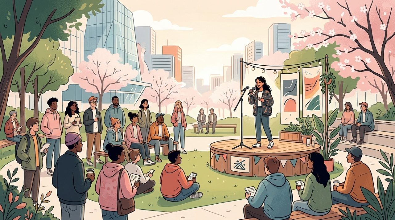 Illustration of young people gathered at an open microphone event in a Tokyo park.