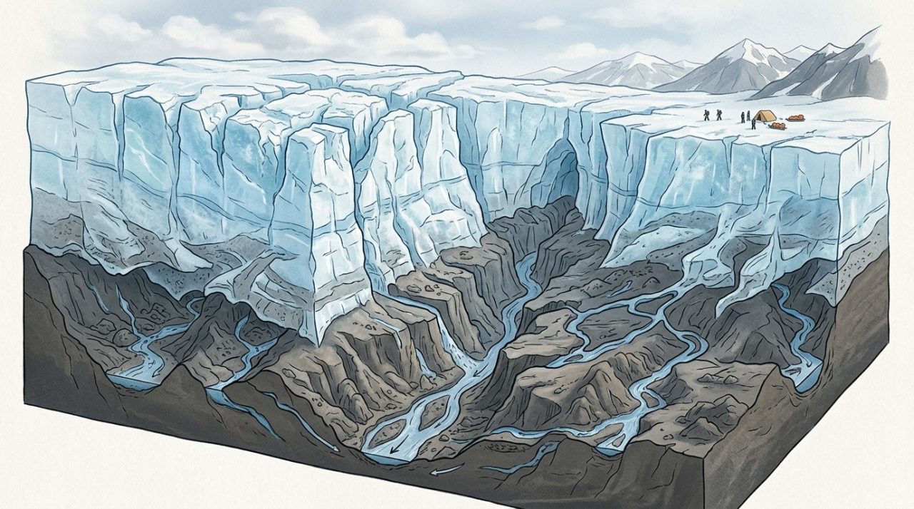 Illustration showing a translucent cross-section of a glacier revealing hidden valleys beneath.