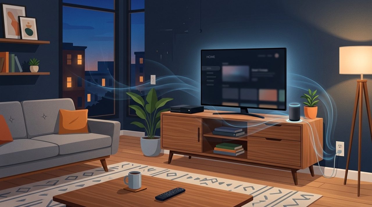 Illustration of living room electronics glowing softly, showing subtle energy lines representing standby power.
