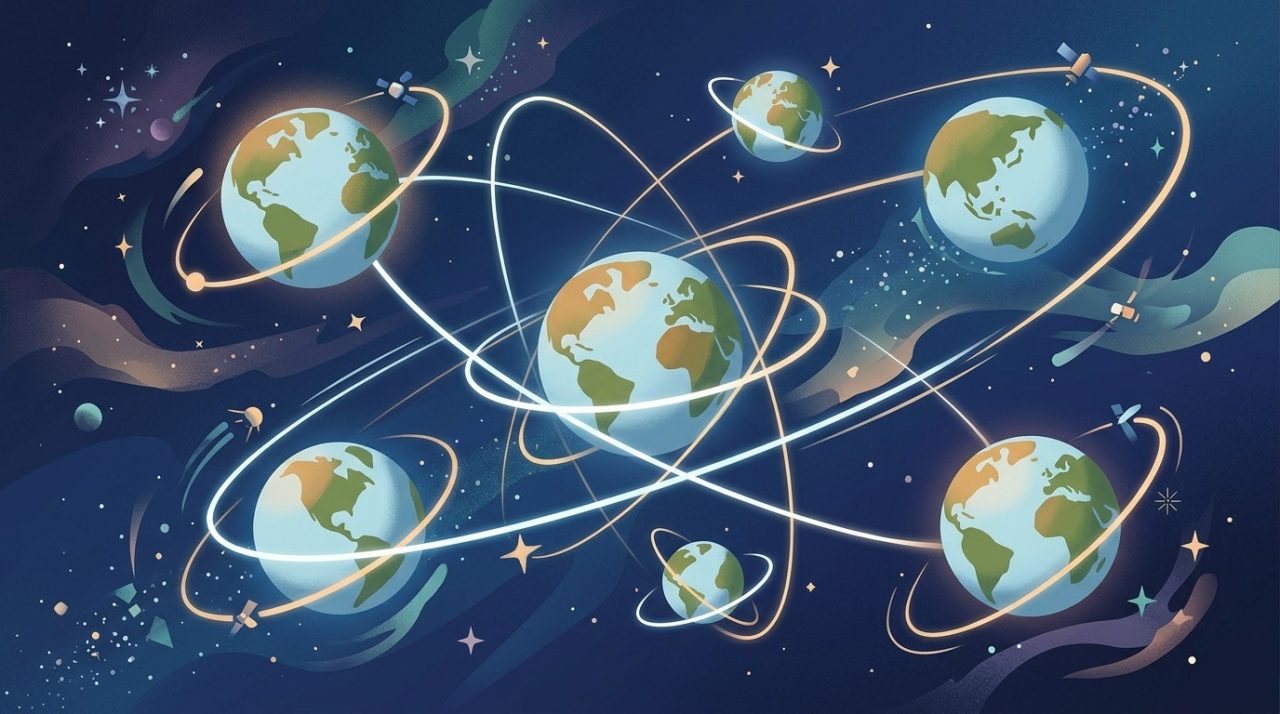 Illustration of interconnected globes in space representing international space exploration coalitions.
