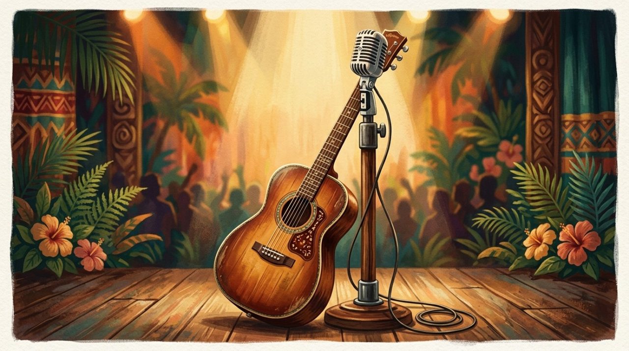 Editorial illustration of an acoustic guitar and vintage microphone on a stage.
