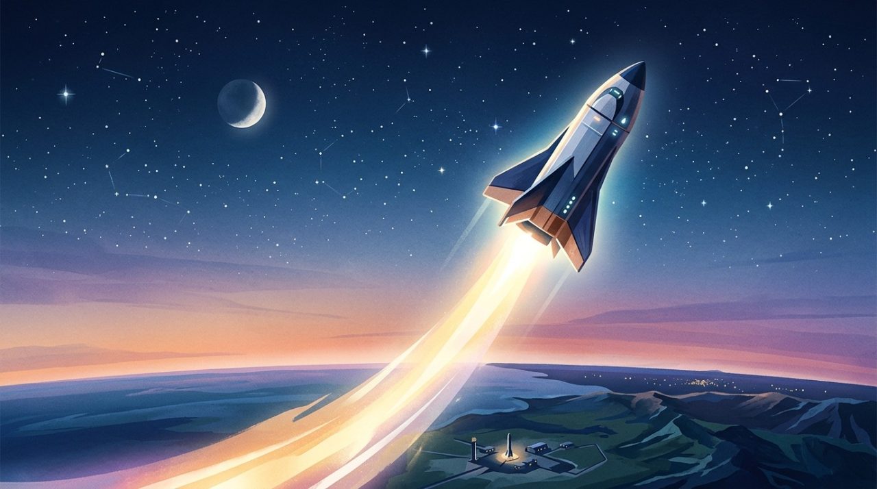 Editorial illustration of a sleek spacecraft ascending into a twilight sky with stars.