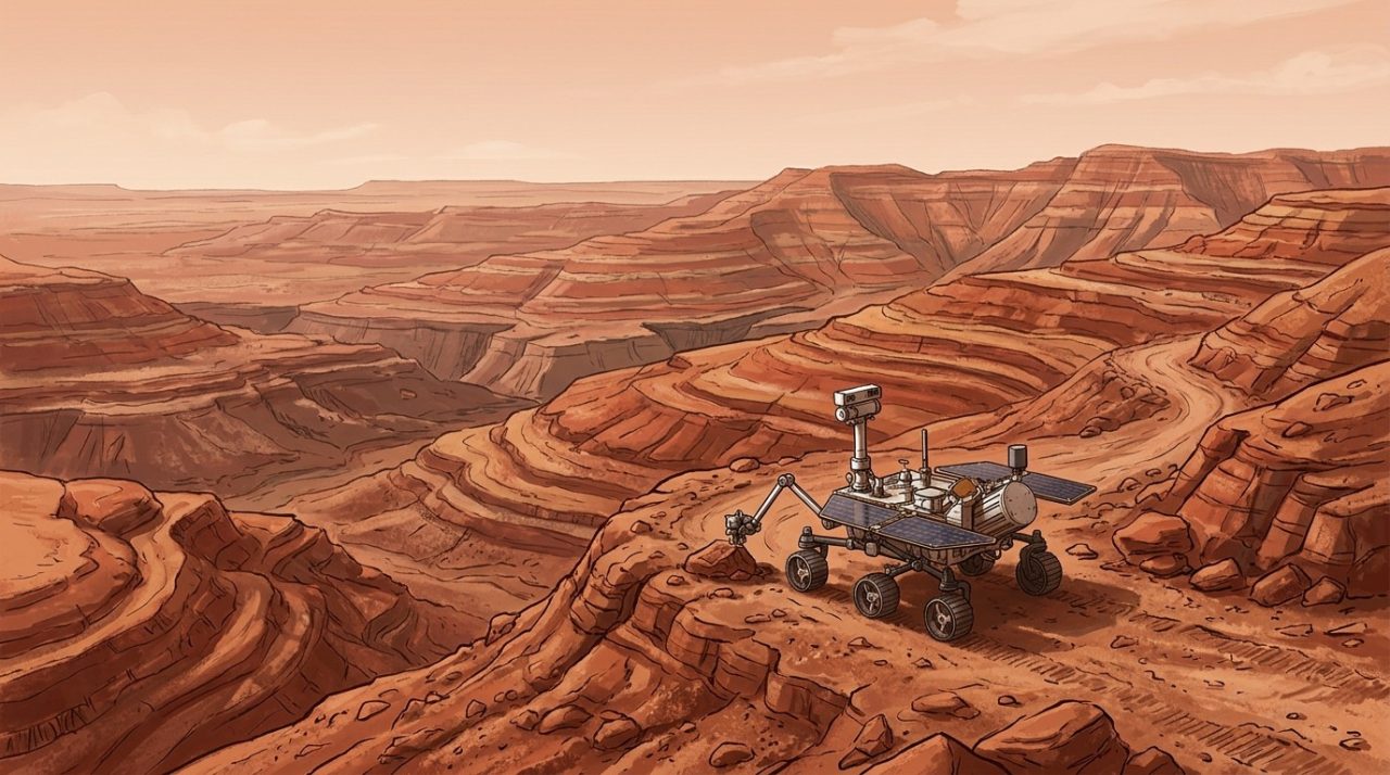 Redaktionelle Illustration eines Roboterrovers auf einem einsamen roten Felsgrat auf dem Mars.