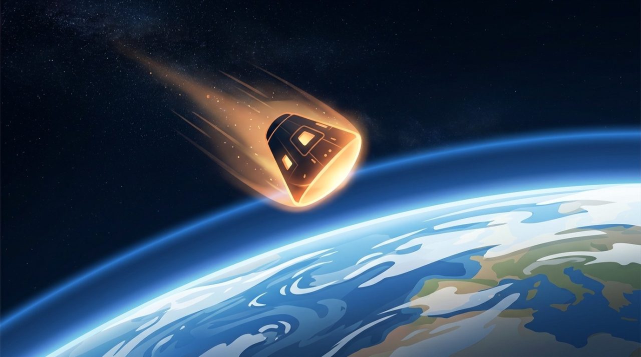 Illustration d'une capsule spatiale revenant sur Terre avec l'espace en arrière-plan.