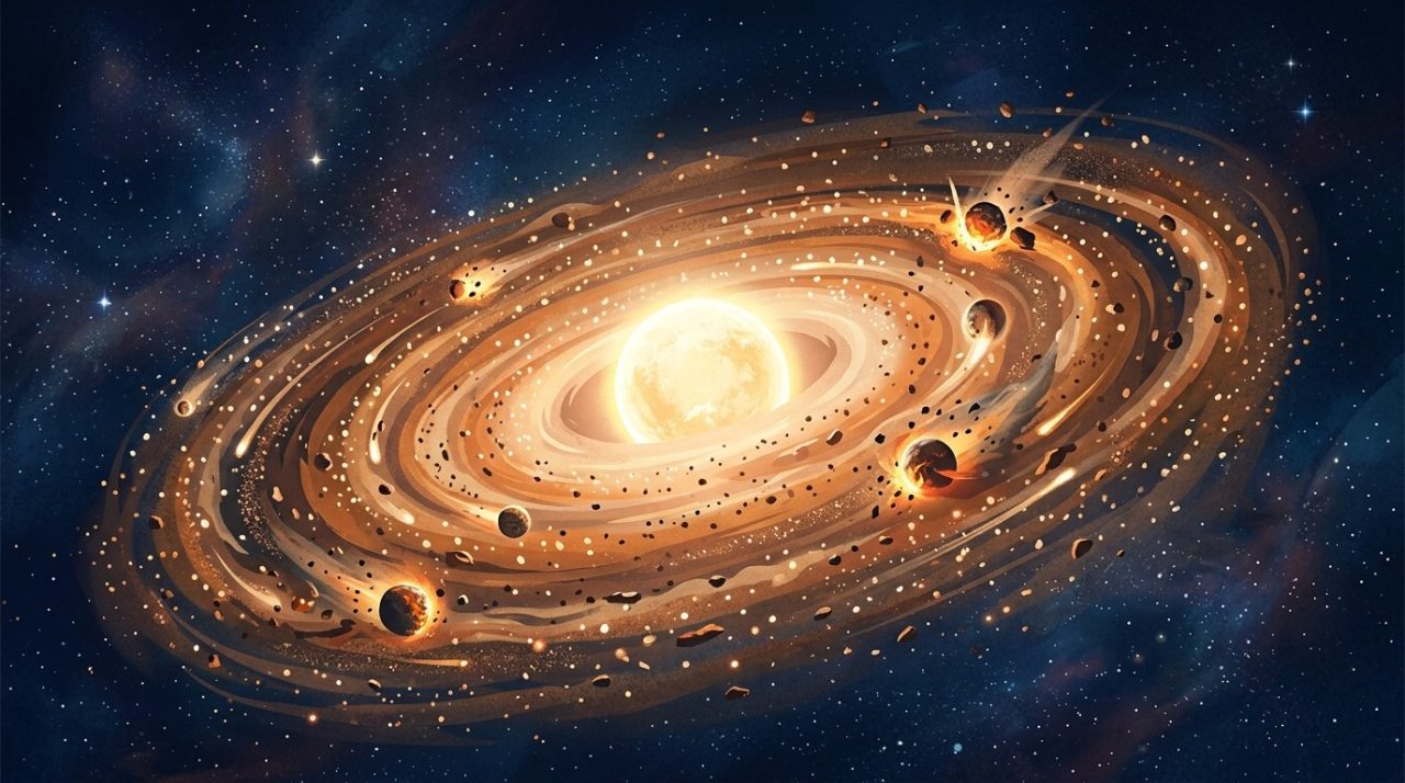Illustrazione di una giovane stella circondata da un anello luminoso di detriti planetari e polvere nello spazio.