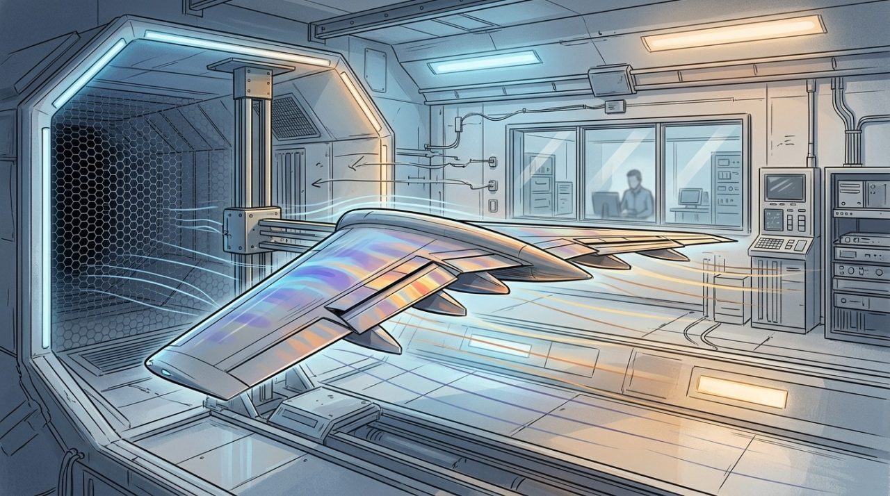 An illustration of an aircraft wing model inside a wind tunnel with illuminated pressure patterns.