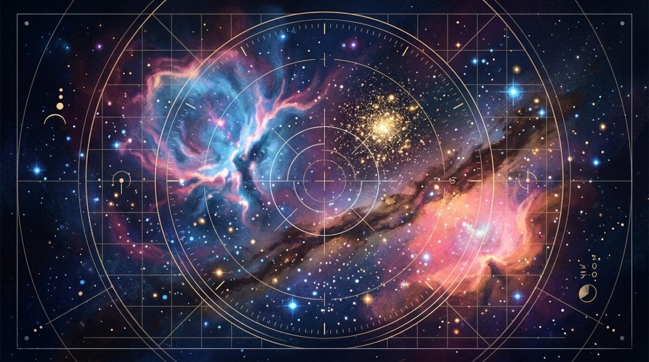 Illustration of colorful cosmic nebulae viewed through a geometric viewfinder.
