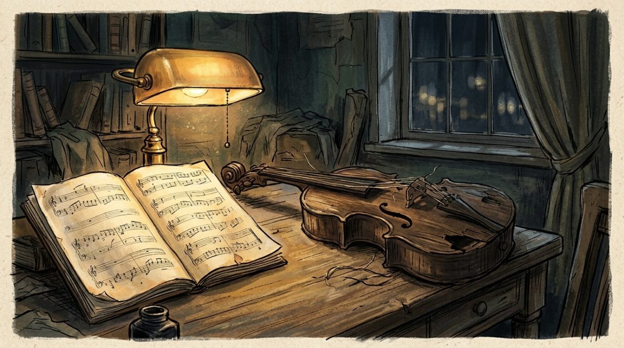 Editorial illustration of an abstract acoustic instrument and open pages under warm lamplight.