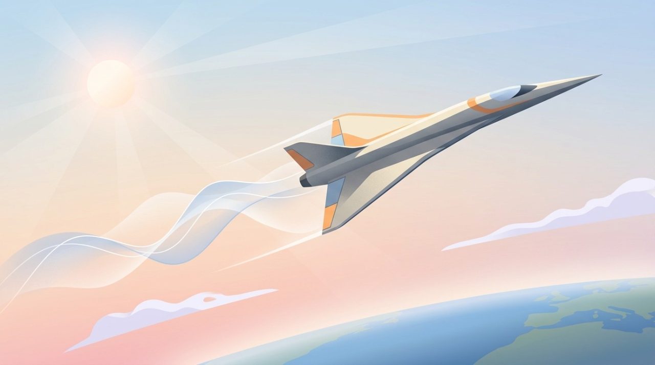 Illustration of a futuristic supersonic jet flying in the stratosphere.