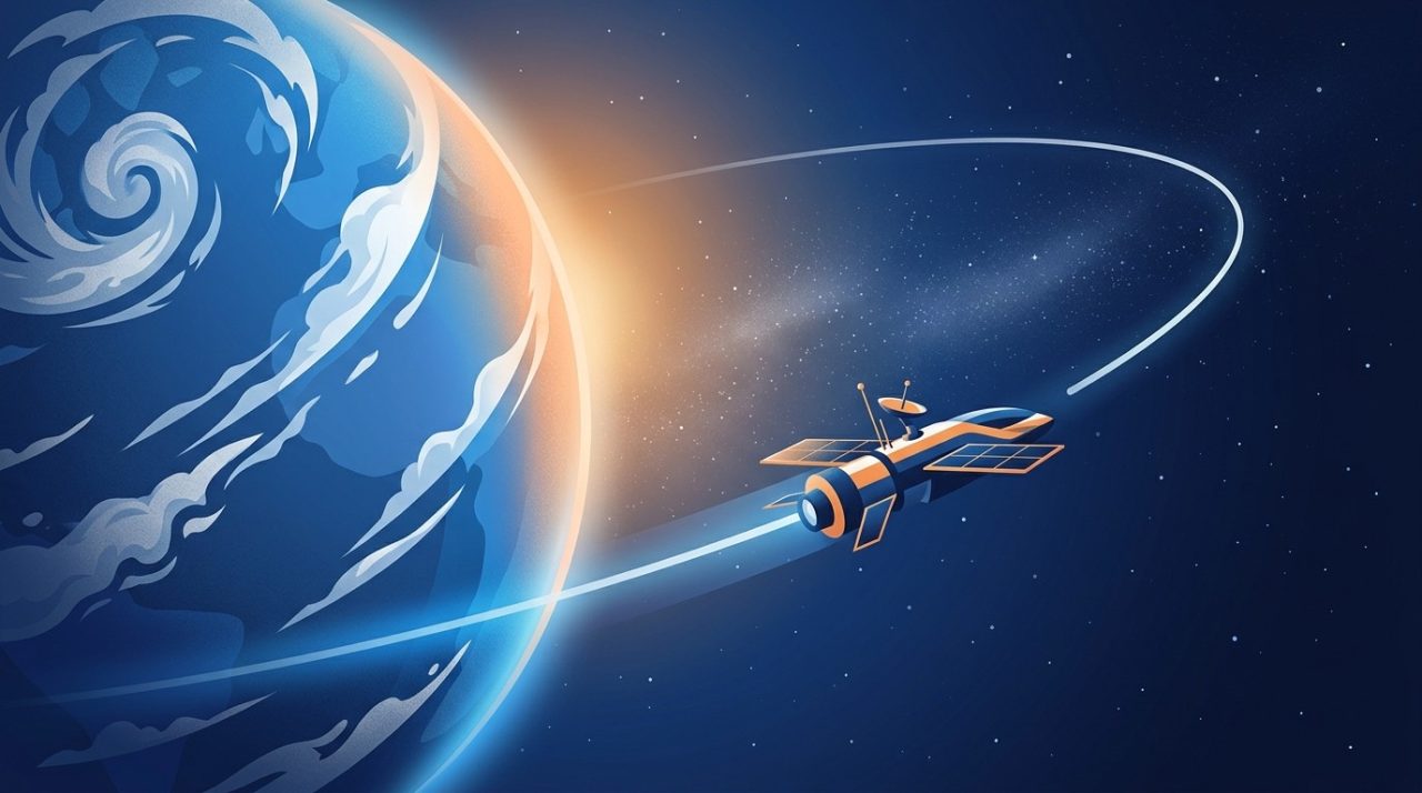 Illustration éditoriale représentant un vaisseau spatial en orbite autour de la Terre sur fond de cosmos sombre.