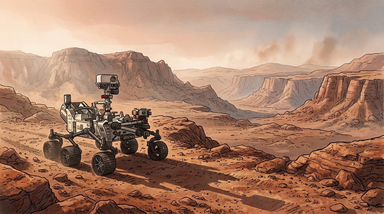 Illustration éditoriale d'un astromobile robotisé sur un paysage martien rocheux.