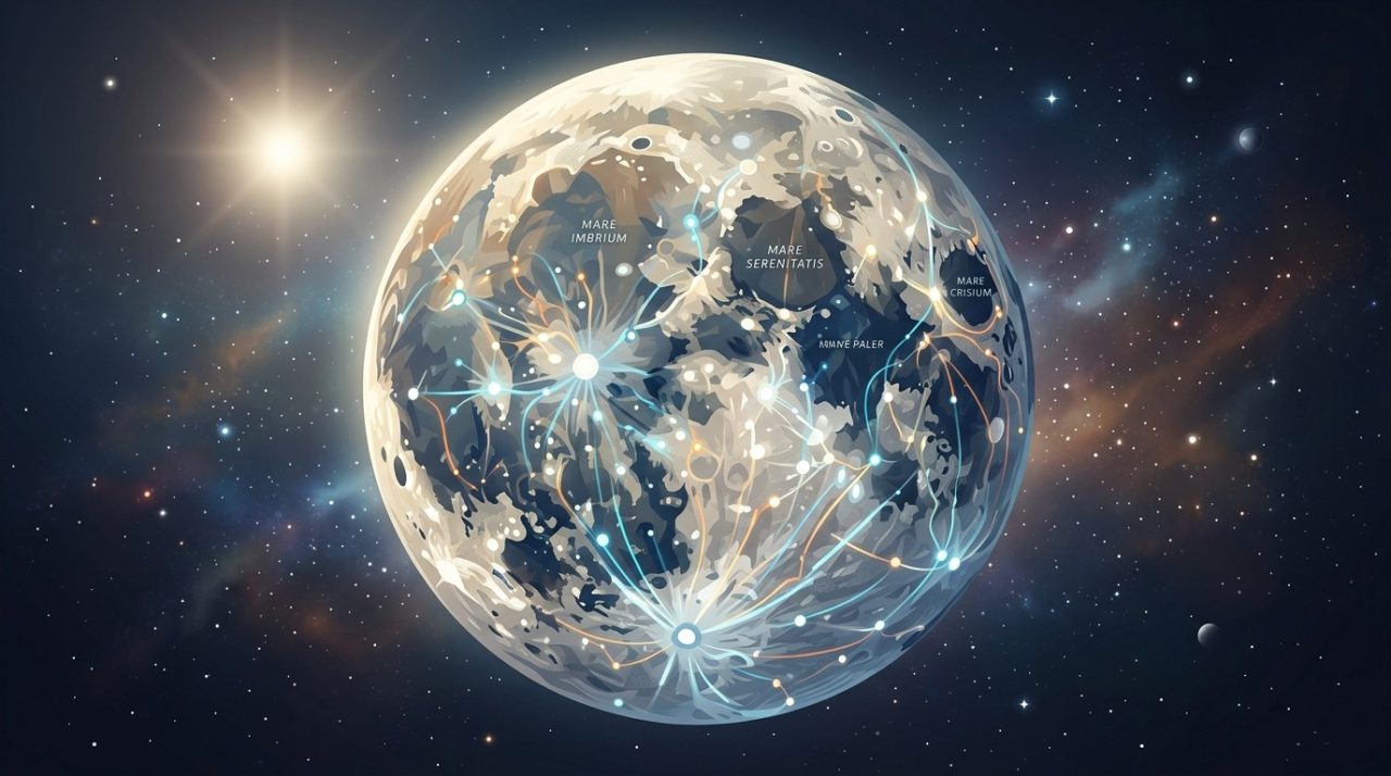 Illustration conceptuelle de la Lune avec des flux de données lumineux à sa surface.