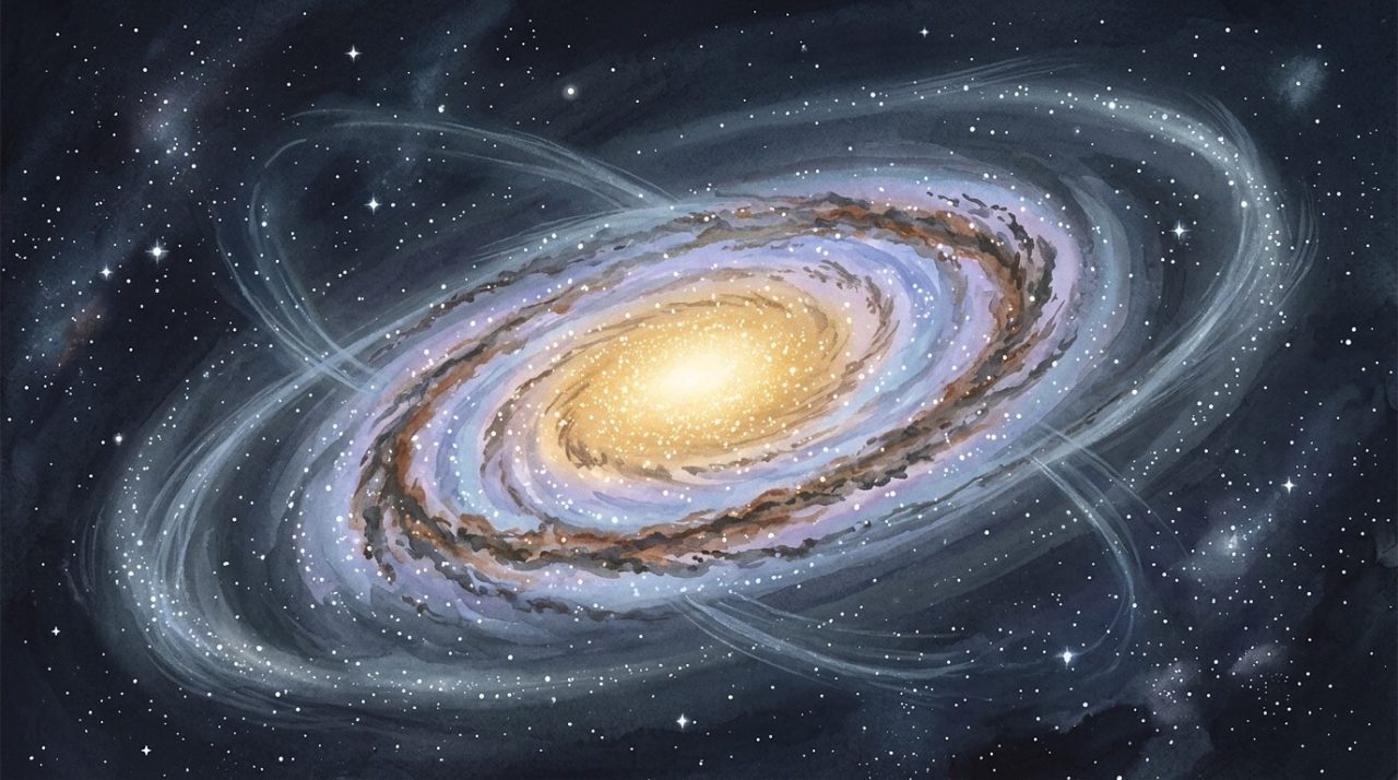 Editorial illustration of a spiral galaxy with faint tidal streams in its outer halo against a starry space background.