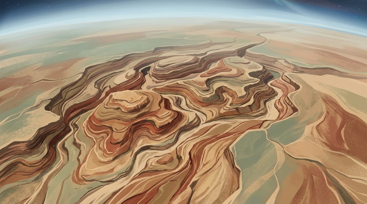 Illustration éditoriale d'une formation rocheuse géologique ancienne dans un paysage aride.