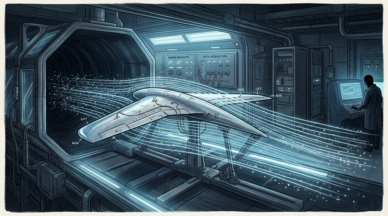 Illustrazione editoriale di un modello di ala aerodinamica testato in una galleria del vento.