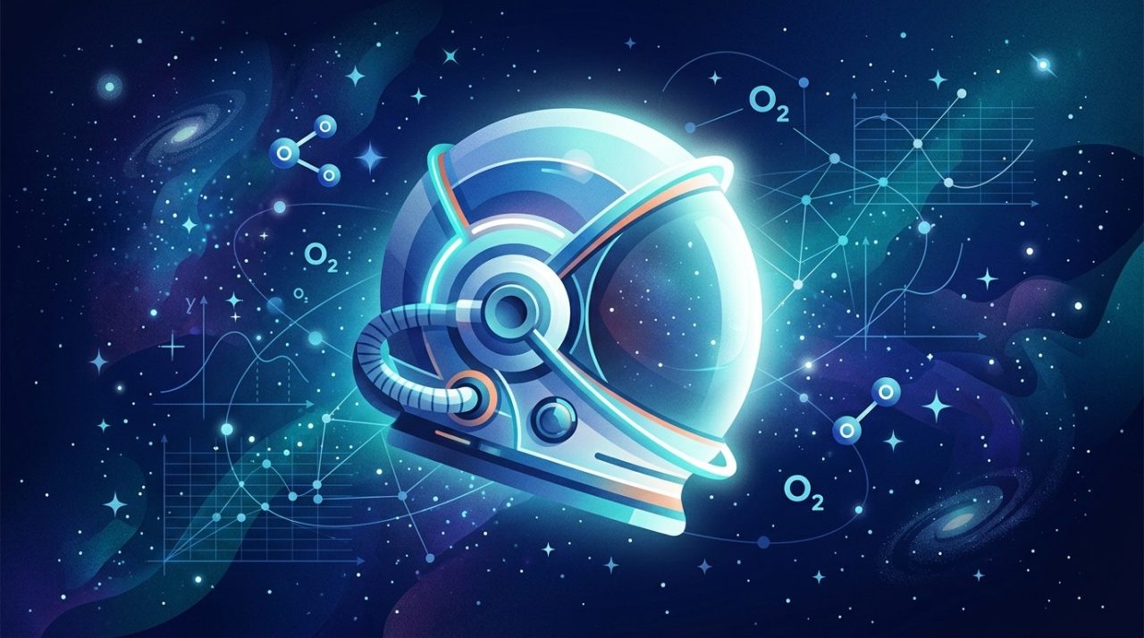 Redaktionelle Illustration eines stilisierten Astronautenhelms mit schwebenden wissenschaftlichen Symbolen.