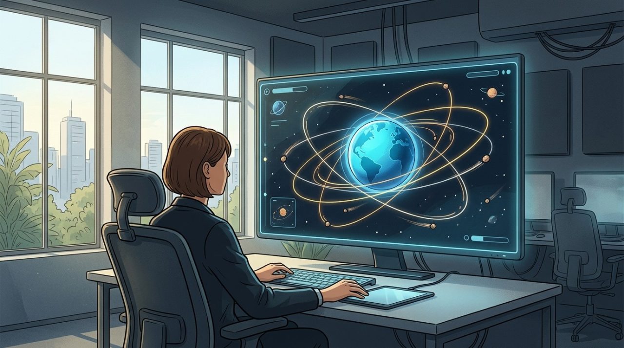 Illustration d'une interface numérique montrant les trajectoires orbitales d'astéroïdes autour d'une planète.