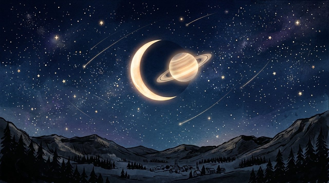 Editorial illustration of the moon near a bright planet in a starry night sky.