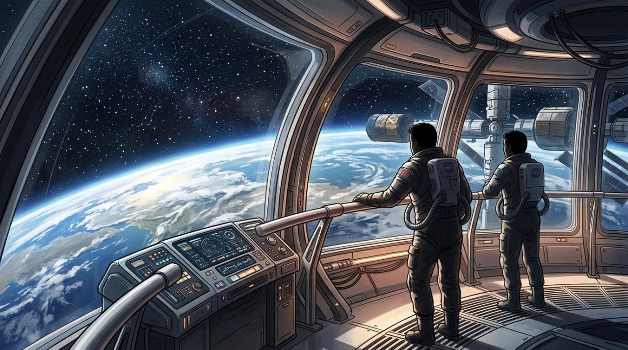 Illustration de la fenètre d'une station spatiale donnant sur la Terre et les étoiles.