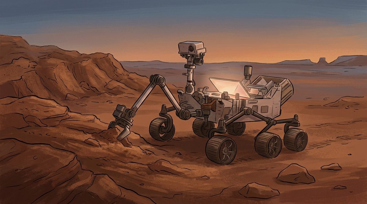 Illustration d'un astromobile sur Mars doté d'un compartiment d'instruments interne lumineux.
