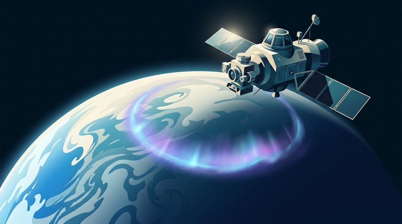 Illustration of a spacecraft observing a glowing ultraviolet auroral oval on a planet in daylight.
