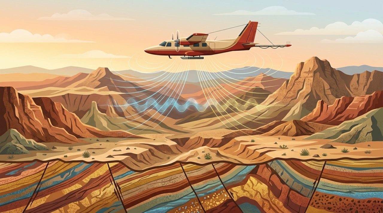 Illustrazione di un aereo di rilevamento che sorvola un paesaggio montano mappando la geologia.